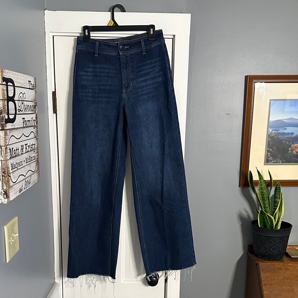 OAT New York High Rise Wide Leg Raw Hem Jeans Size 4 27 Dark Wash Denim